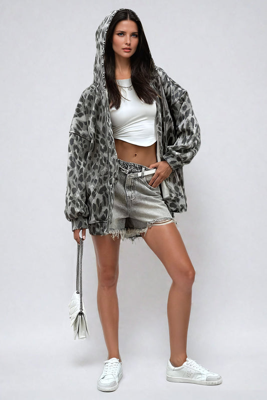 Oversized Hooded Jacket with Animal Print - Gray