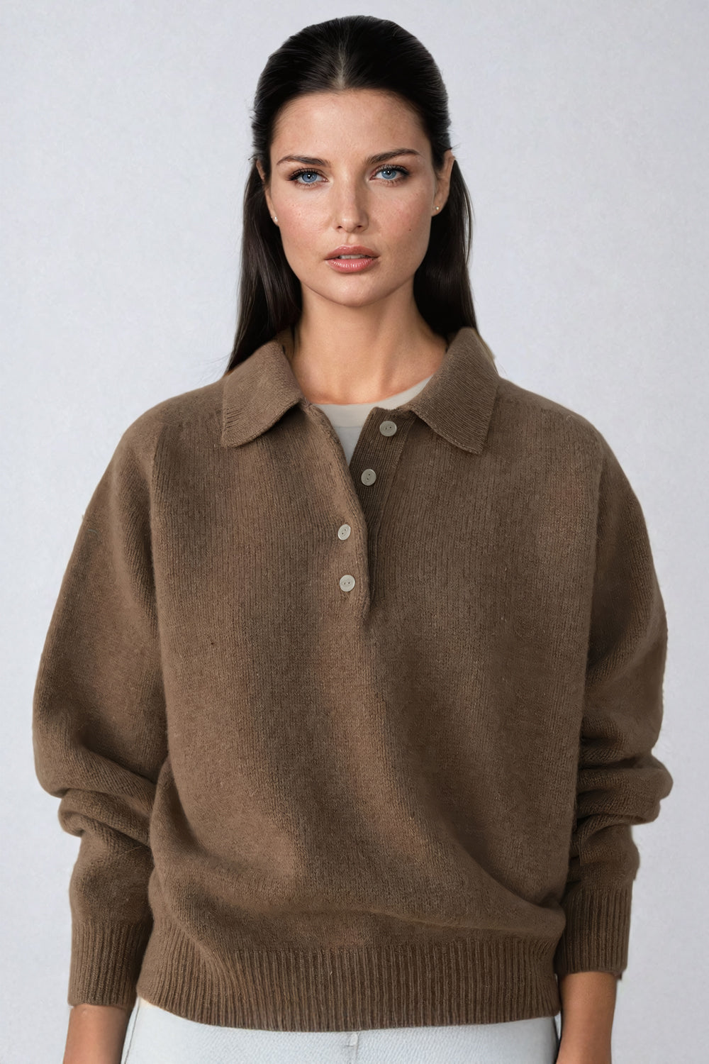 Long-Sleeve Collared Knit Sweater - Light Brown