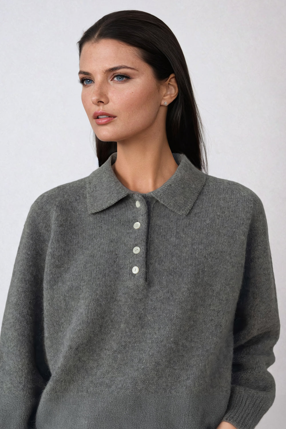 Long-Sleeve Collared Knit Sweater - Gray