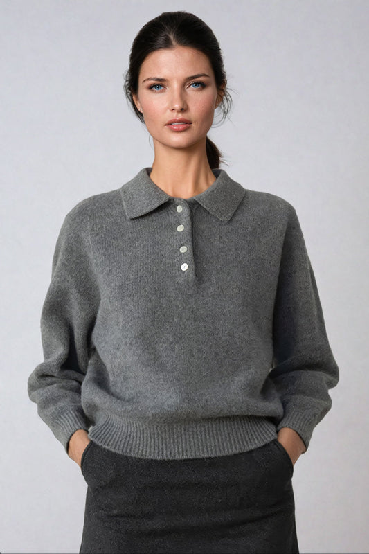 Long-Sleeve Collared Knit Sweater - Gray