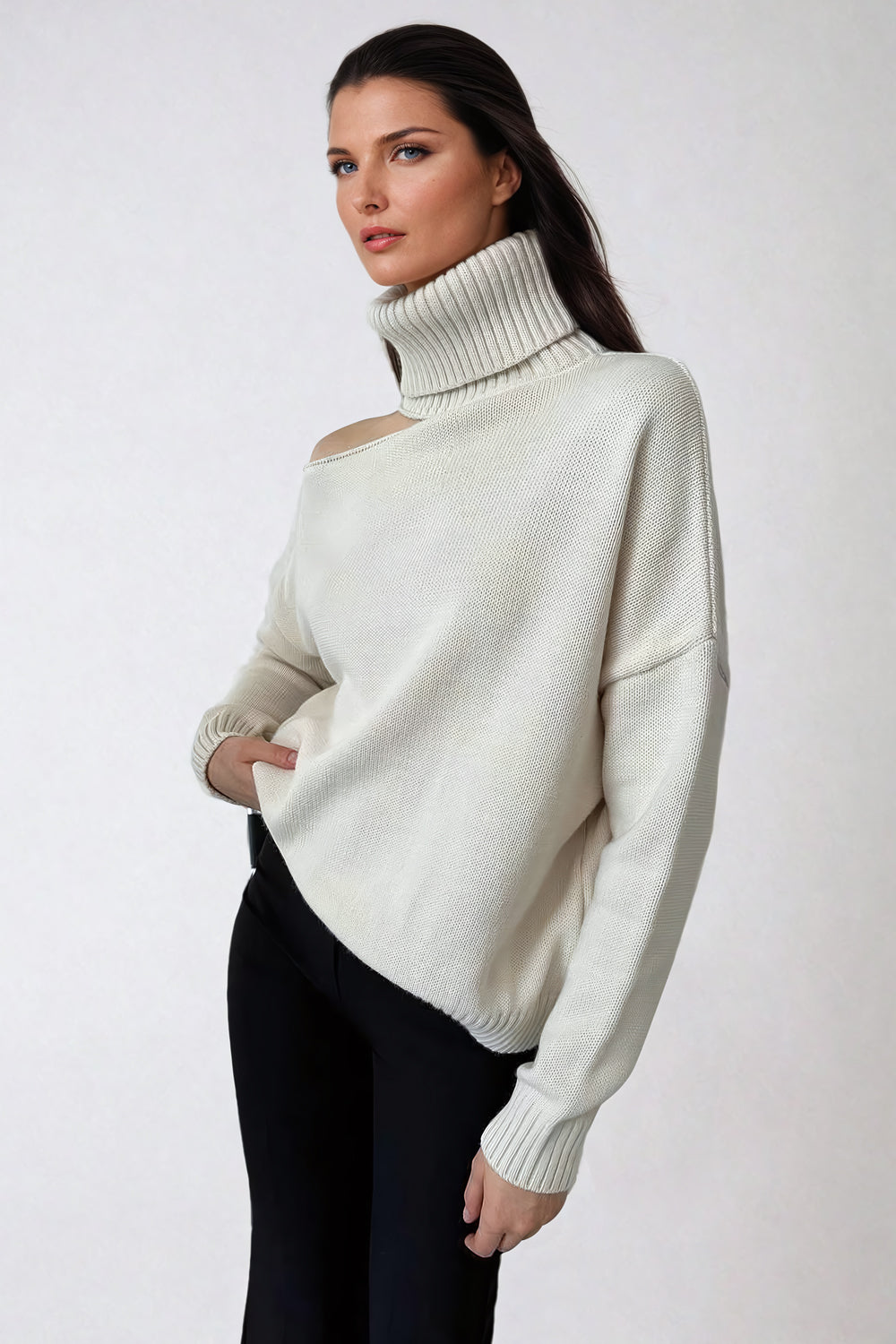 Off-Shoulder Turtleneck Sweater with Ribbed Cuffs - Beige