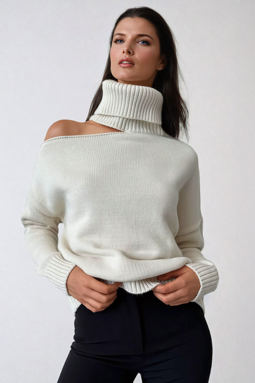 Off-Shoulder Turtleneck Sweater with Ribbed Cuffs - Beige