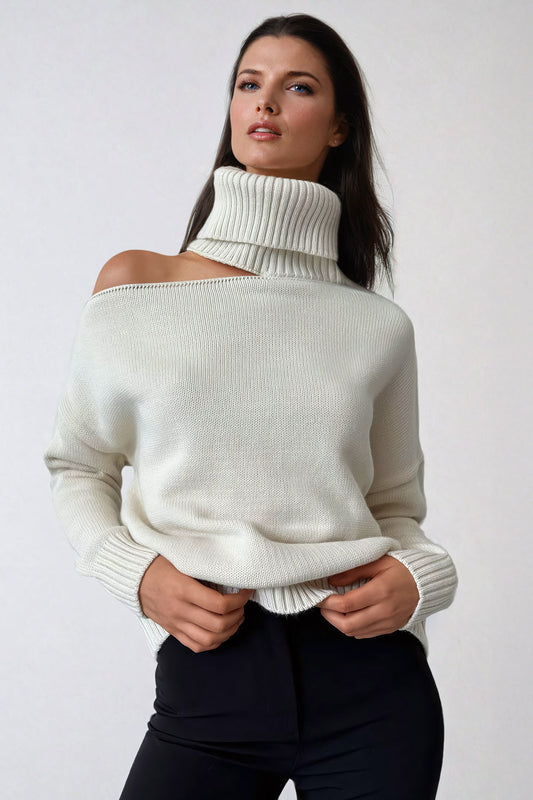 Off-Shoulder Turtleneck Sweater with Ribbed Cuffs - Beige