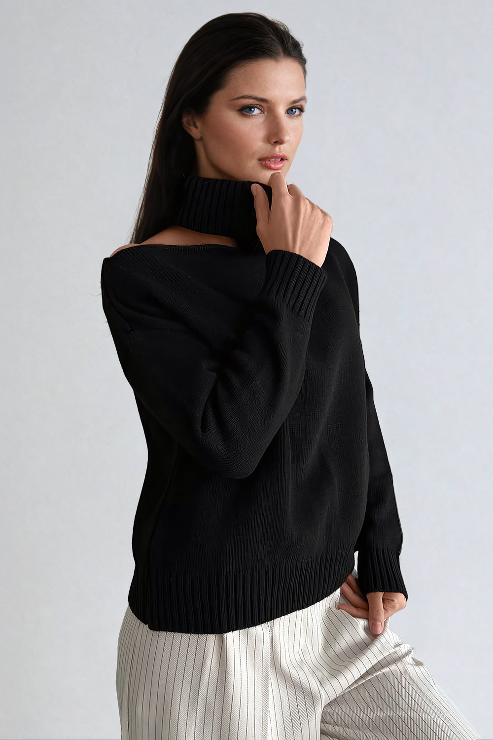 Off-Shoulder Turtleneck Sweater with Ribbed Cuffs - Black