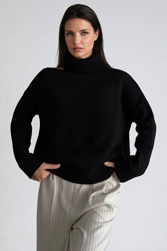 Off-Shoulder Turtleneck Sweater with Ribbed Cuffs - Black