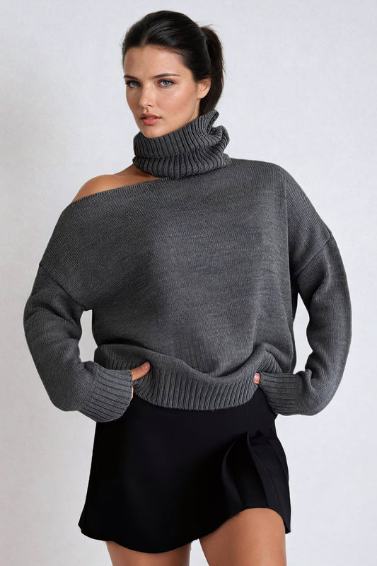 Off-Shoulder Turtleneck Sweater with Ribbed Cuffs - Gray