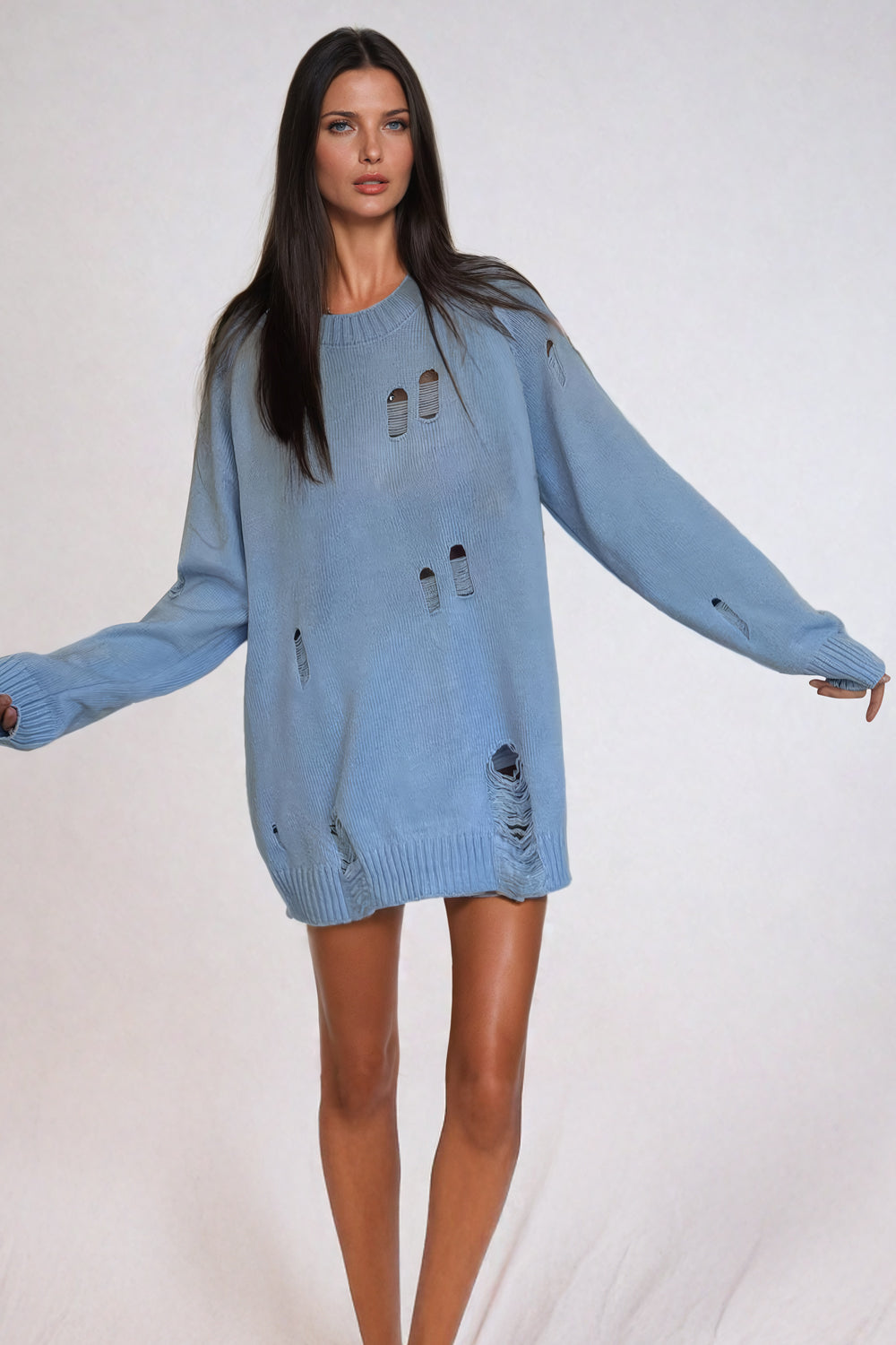 Distressed Oversized Knit Sweater - Light Blue