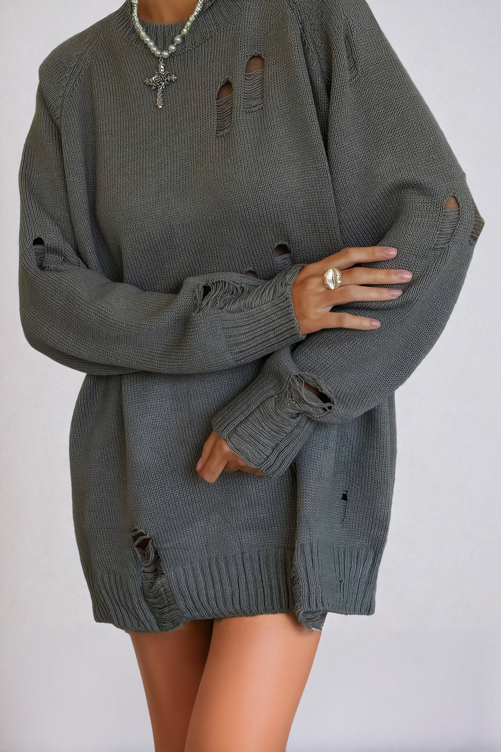 Distressed Oversized Knit Sweater - Dark Gray