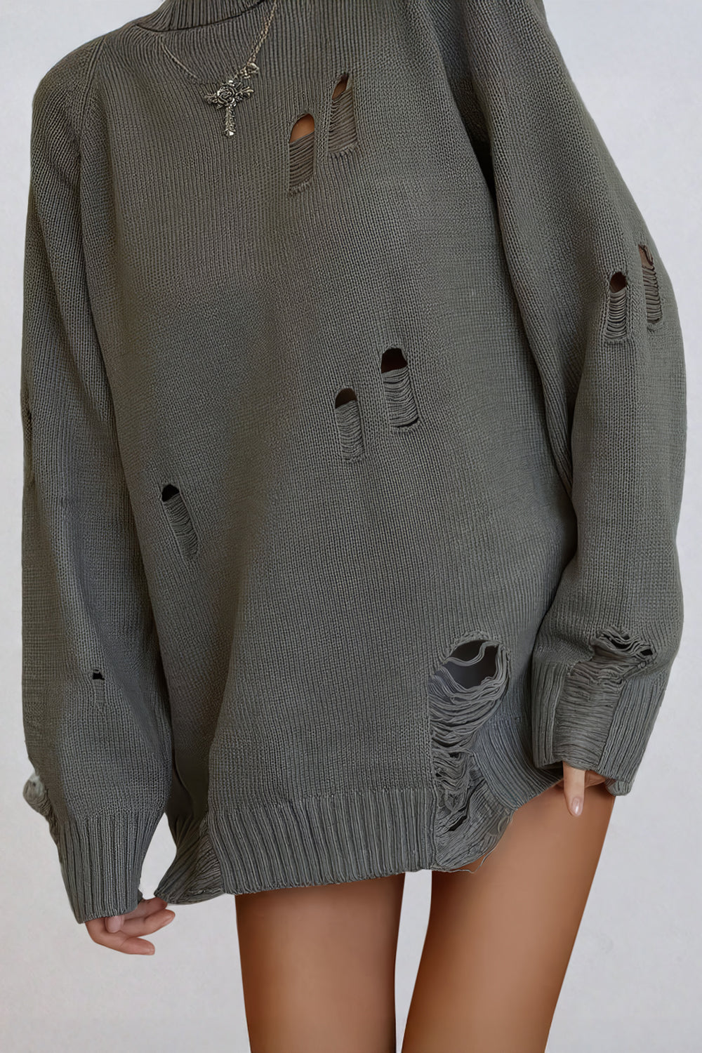 Distressed Oversized Knit Sweater - Dark Gray