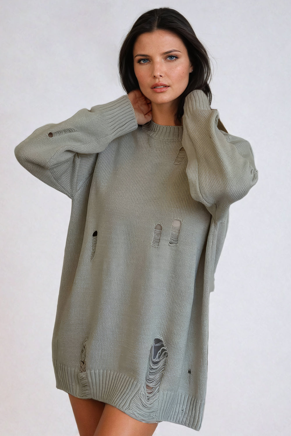 Distressed Oversized Knit Sweater - Light Gray