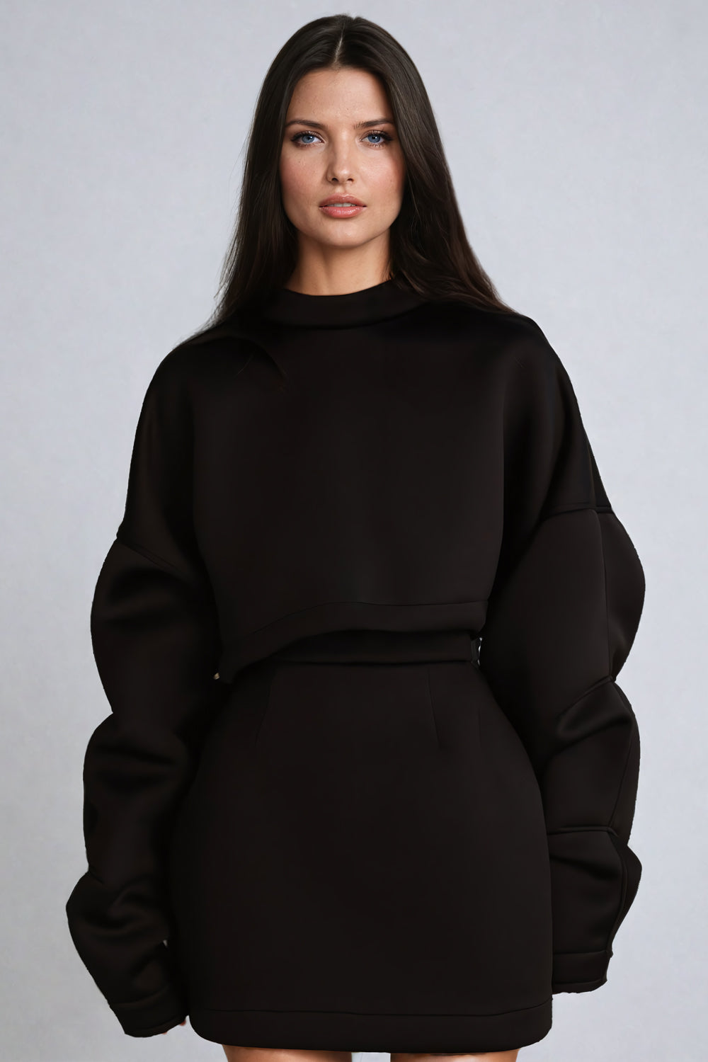 Cropped High-Neck Jacket with Oversized Sleeves - Black