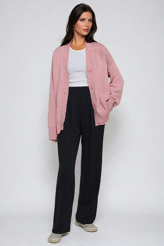 Oversized Ribbed Button-Down Cardigan with Deep V-Neck - Pink