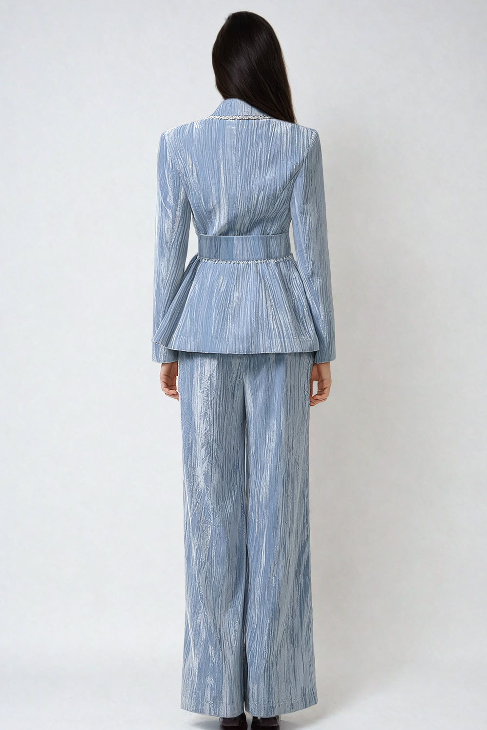 Belted Blazer with Lapel Collar and Wide-Leg Trousers Co-Ord Set - Blue