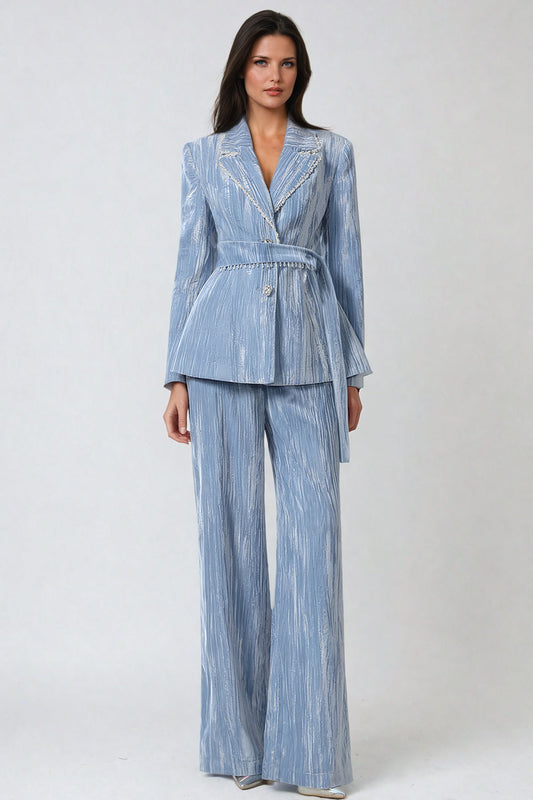 Belted Blazer with Lapel Collar and Wide-Leg Trousers Co-Ord Set - Blue