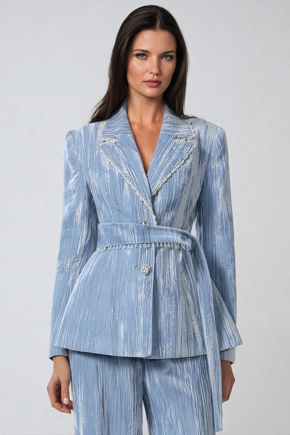 Belted Blazer with Lapel Collar and Wide-Leg Trousers Co-Ord Set - Blue