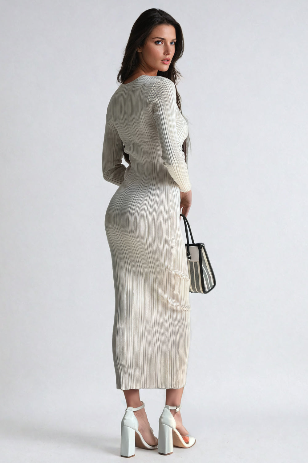 Ribbed Knit Long-Sleeve Midi Dress - Beige