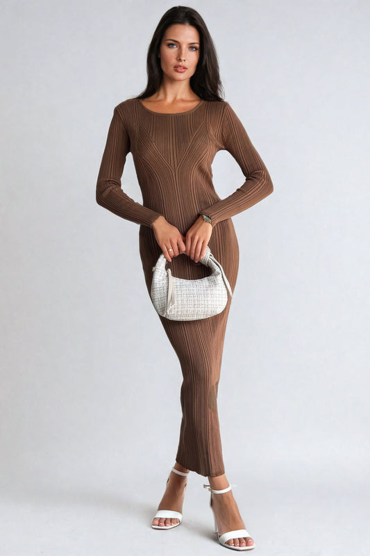 Ribbed Knit Long-Sleeve Midi Dress - Brown