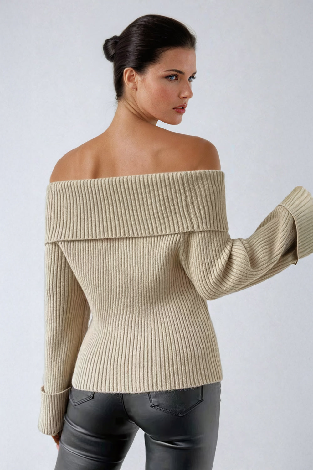 Off-Shoulder Ribbed Knit Sweater with Fold-Over Neckline - Light Brown