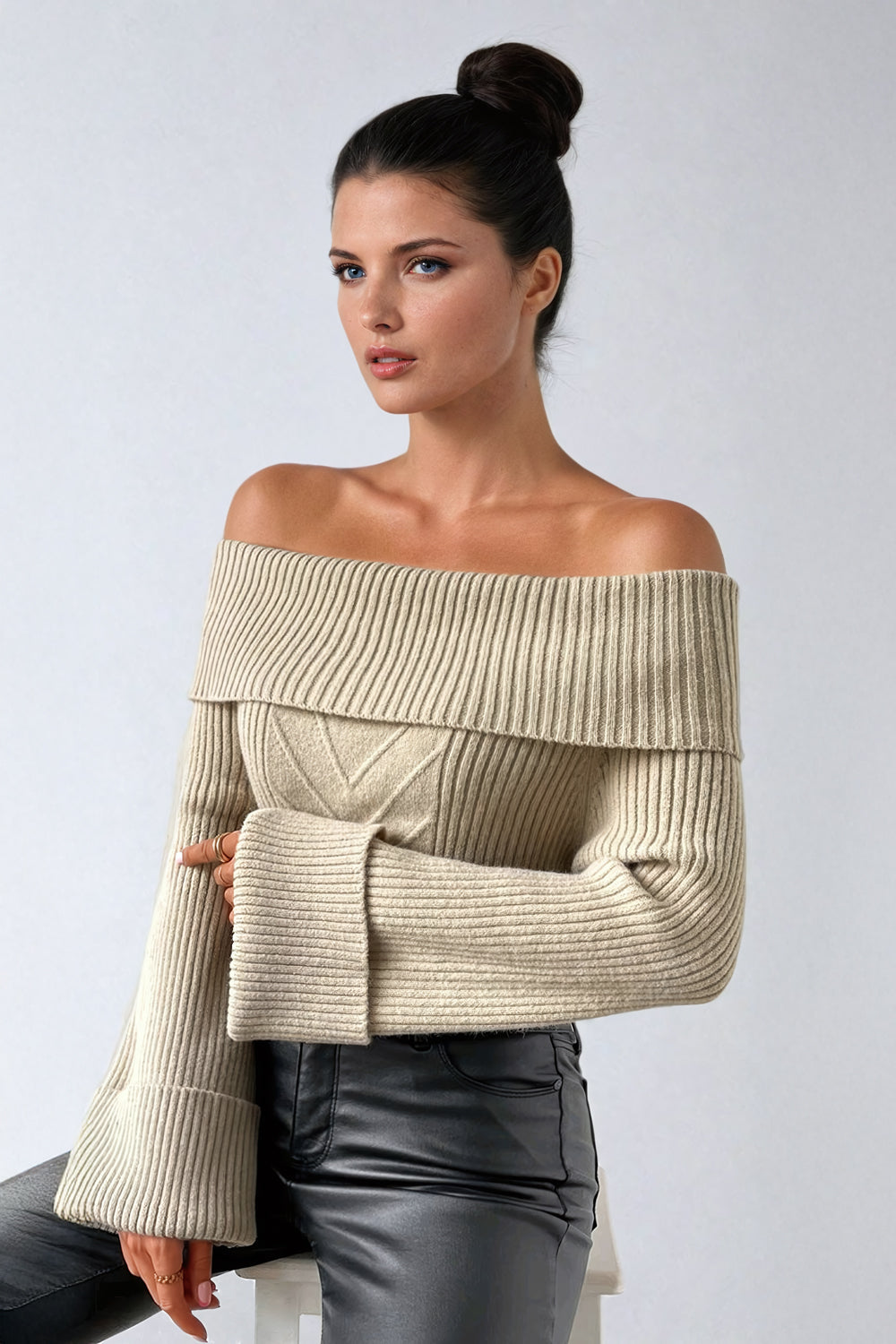 Off-Shoulder Ribbed Knit Sweater with Fold-Over Neckline - Light Brown