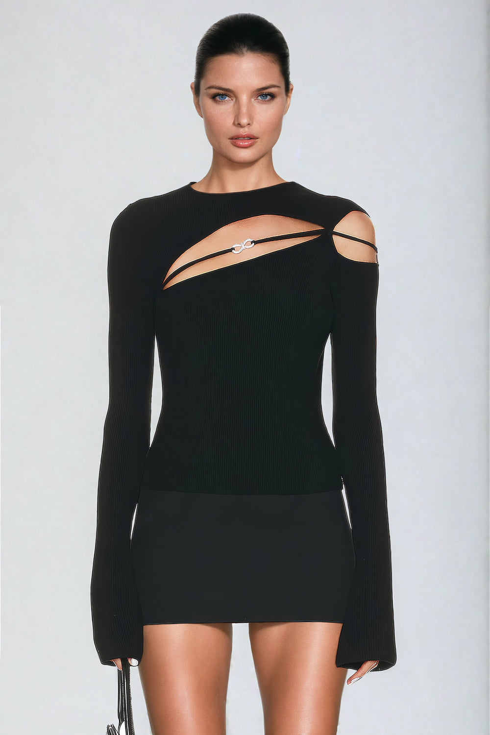 Asymmetrical Cutout Long-Sleeve Top with Embellished Detail -Black