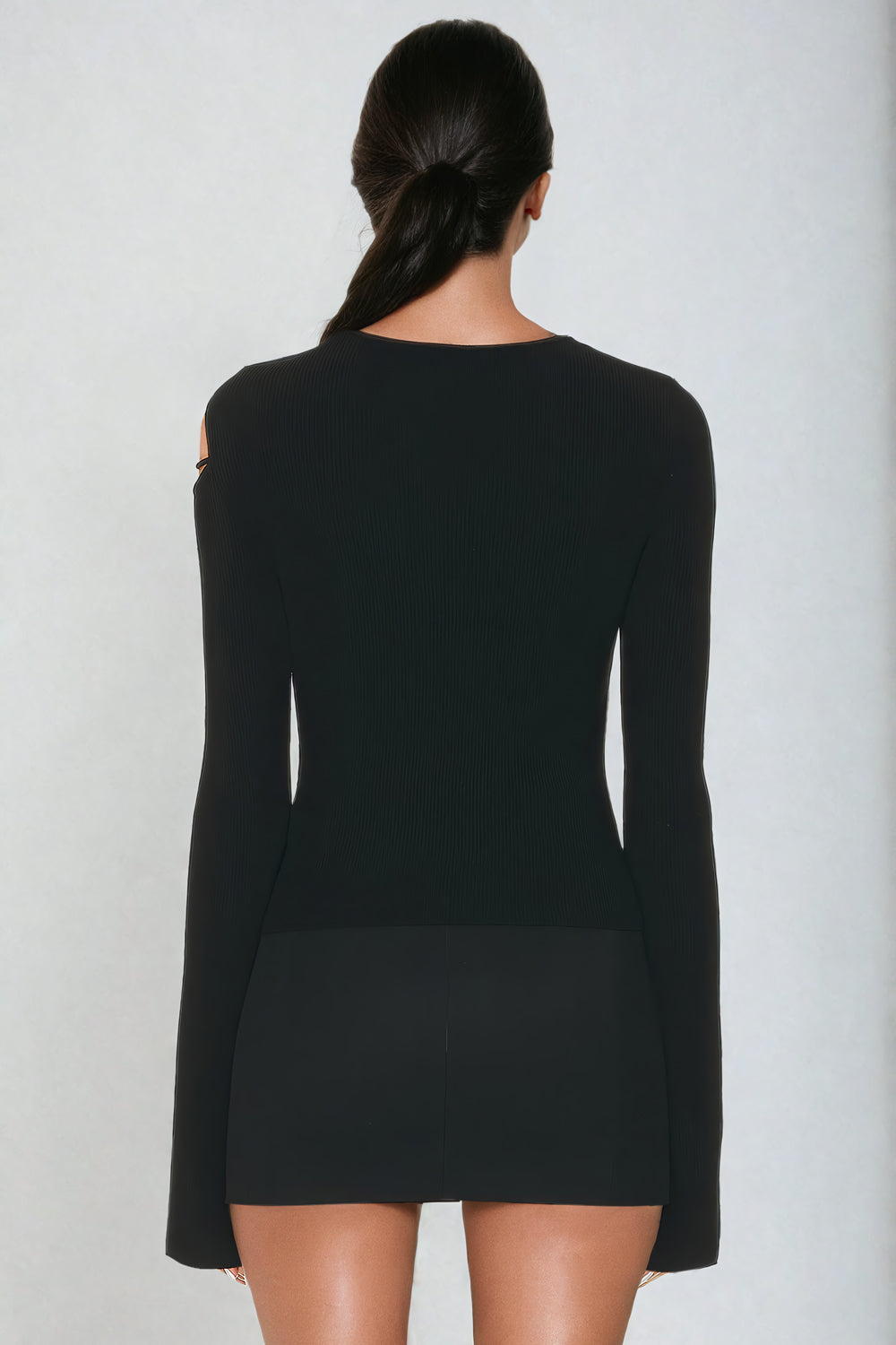 Asymmetrical Cutout Long-Sleeve Top with Embellished Detail -Black