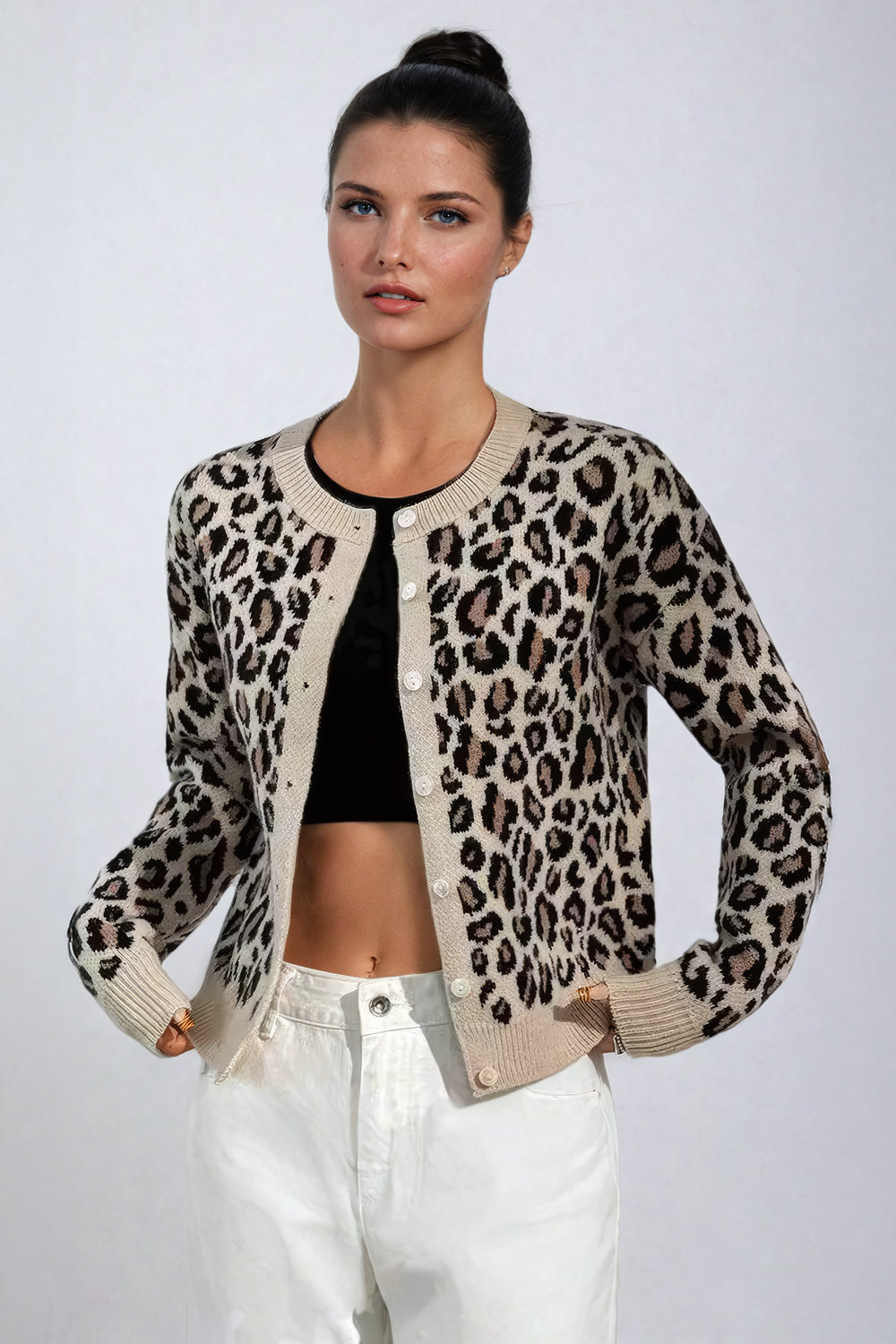 Knitted Cardigan with Leopard Pattern and Button Detailing - Beige