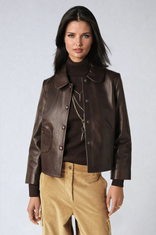 Button-Up Leather Jacket - Dark Brown