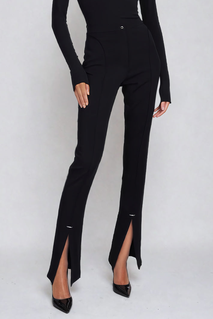 High-Waist Slit Hem Trousers - Black