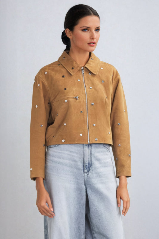 Studded Cropped Jacket with Zip Front and Pointed Collar - Brown