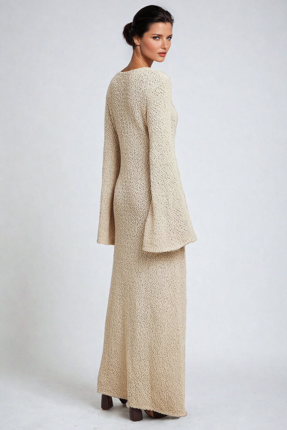 Textured Knit Maxi Dress with Flared Sleeves - Beige