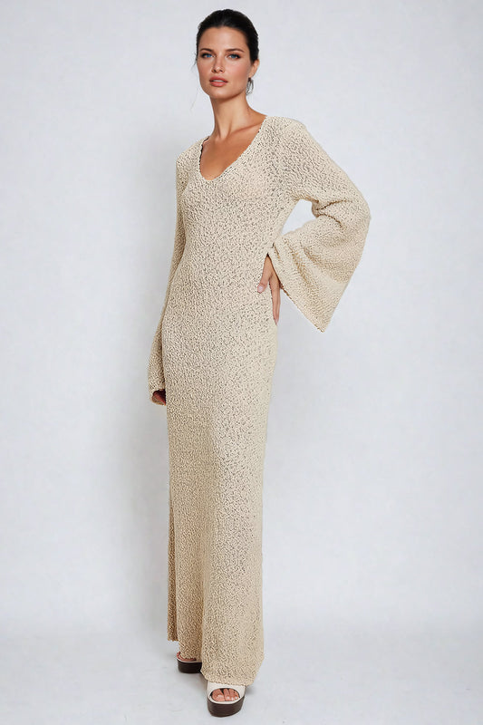 Textured Knit Maxi Dress with Flared Sleeves - Beige