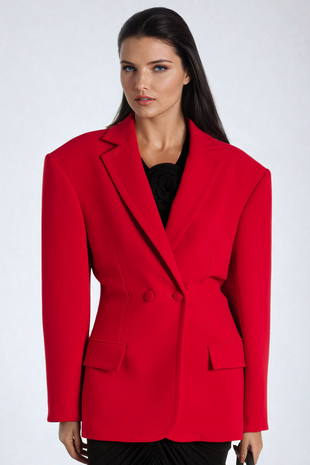 Double-Breasted Blazer with Notched Lapels and Belted Waist - Red