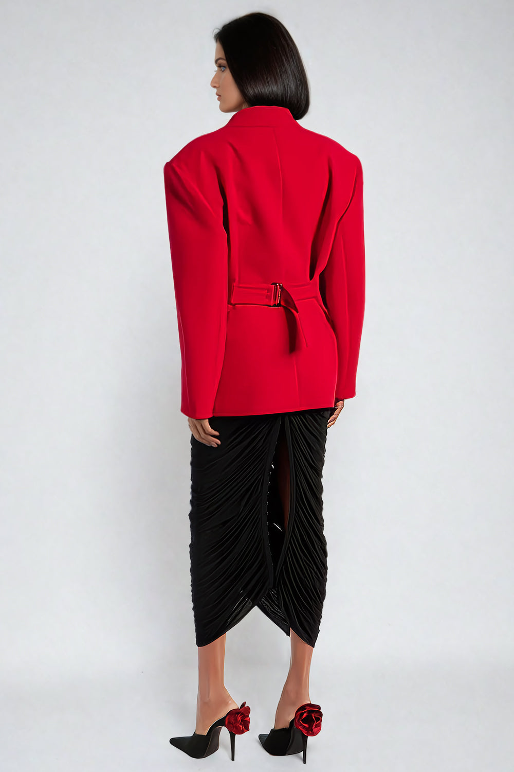 Double-Breasted Blazer with Notched Lapels and Belted Waist - Red