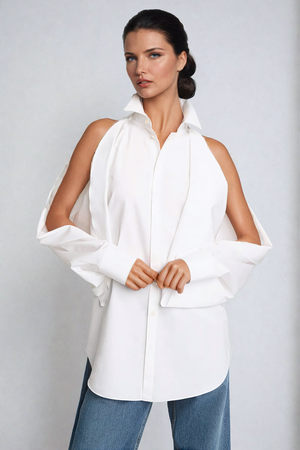 Cut-Out Long-Sleeve Collared Shirt - White