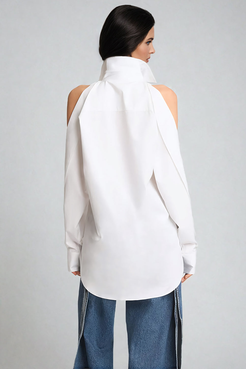 Cut-Out Long-Sleeve Collared Shirt - White