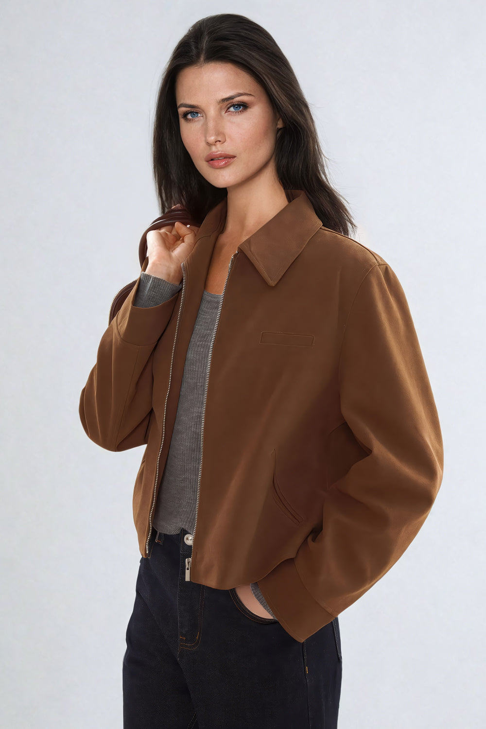 Cropped Zip-Up Jacket with Pointed Collar - Brown