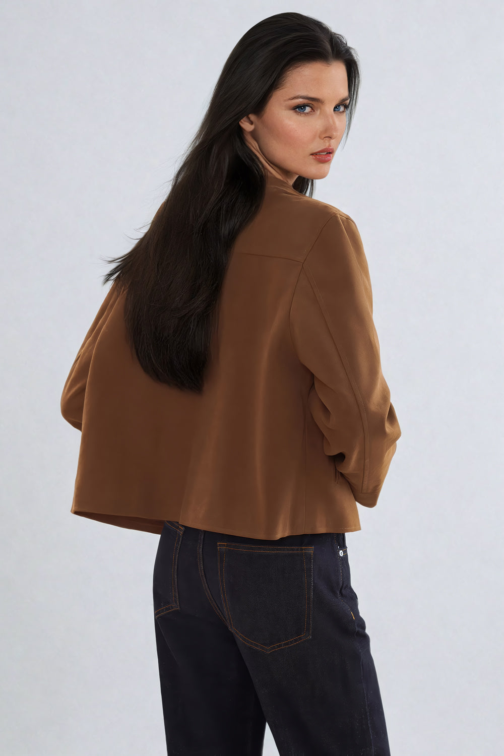 Cropped Zip-Up Jacket with Pointed Collar - Brown