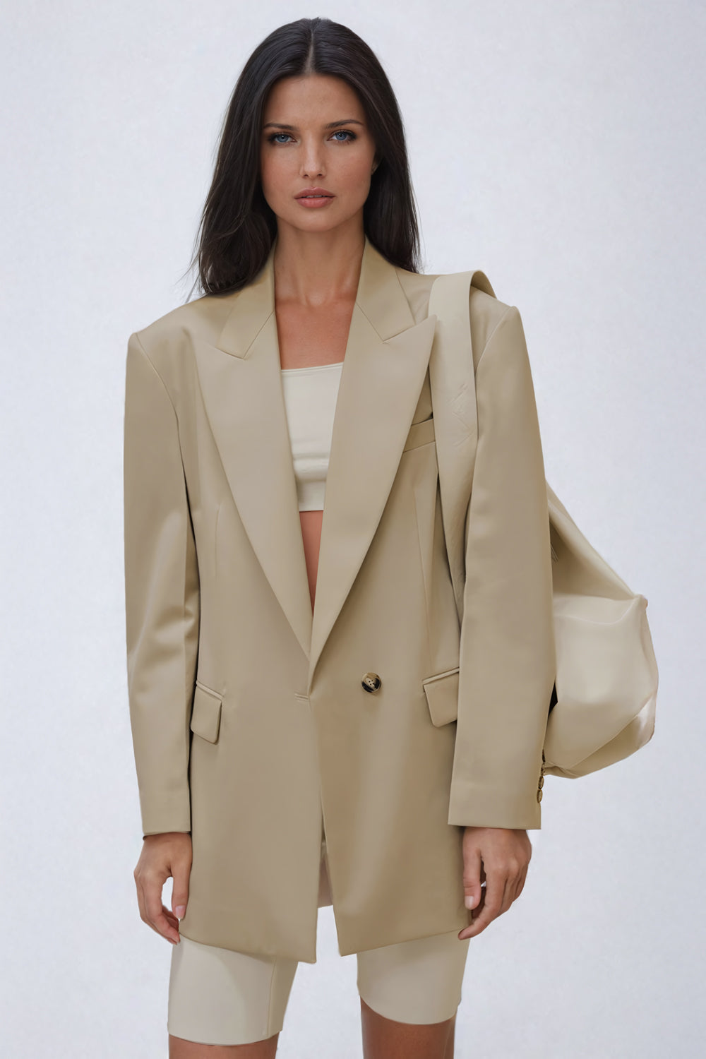 Oversized Structured Blazer with Notch Lapels - Beige