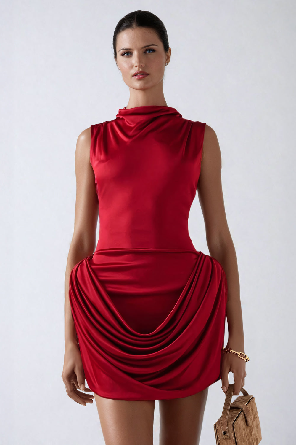 Draped High-Neck Mini Dress with Structured Hip Detail - Red