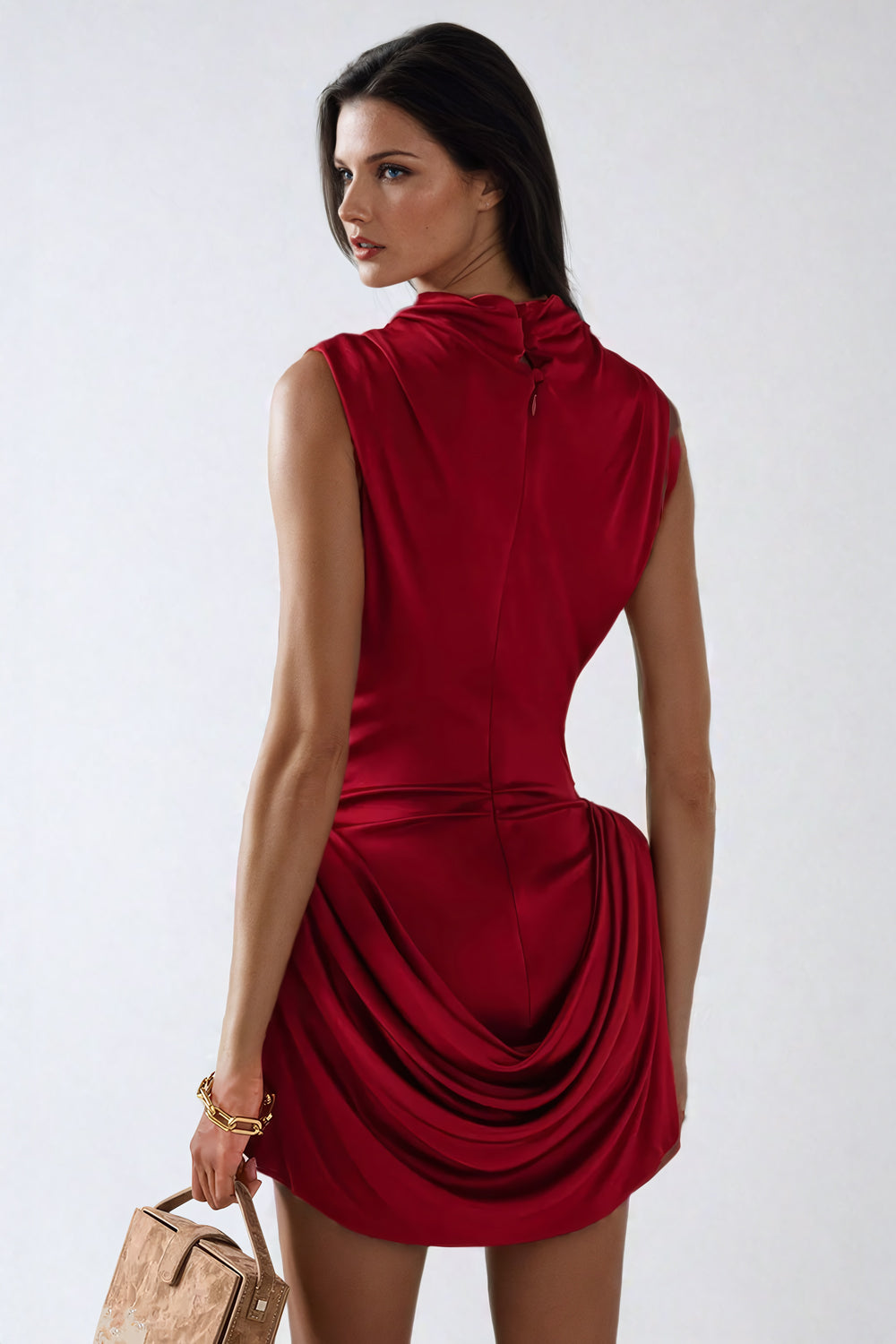 Draped High-Neck Mini Dress with Structured Hip Detail - Red