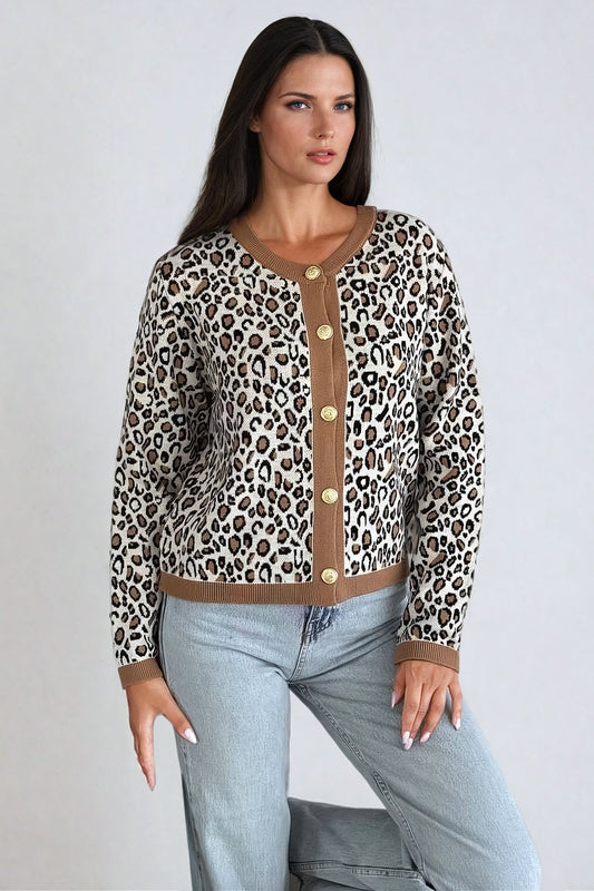 Knitted Cardigan with Leopard Pattern and Button Detailing - Brown