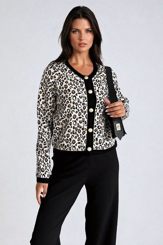 Knitted Cardigan with Leopard Pattern and Button Detailing - Black