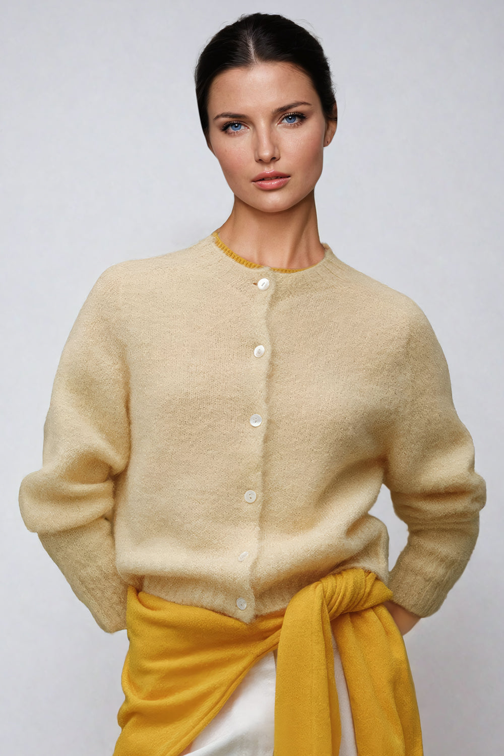 Button-Up Fuzzy Knit Cardigan with Crew Neckline - Yellow