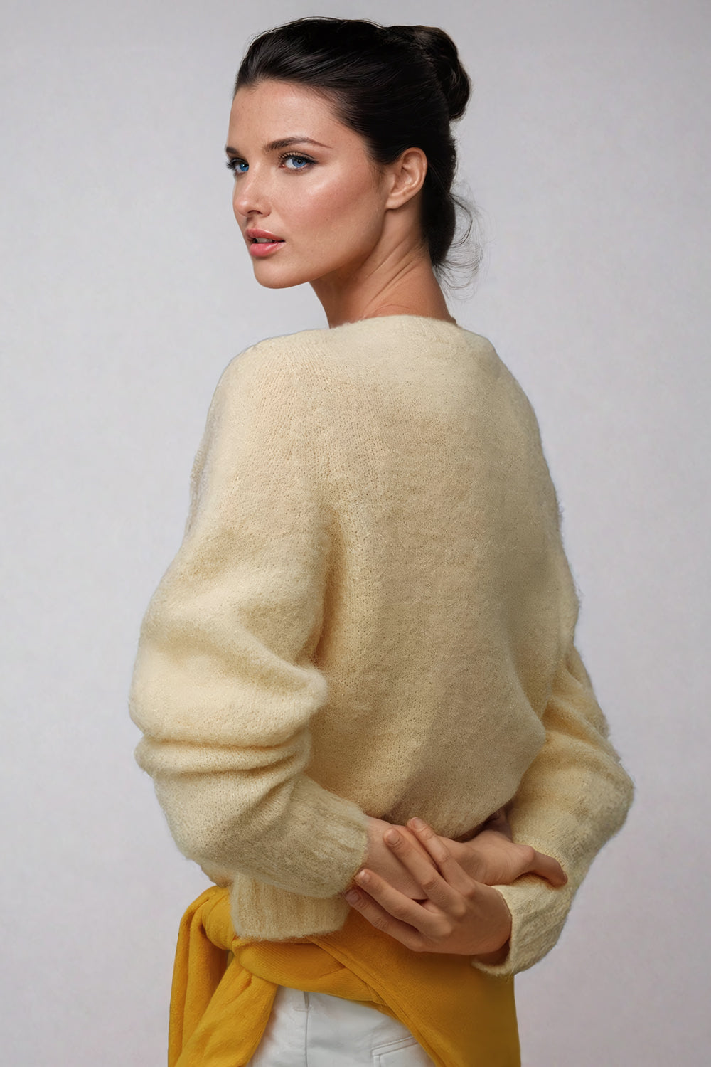 Button-Up Fuzzy Knit Cardigan with Crew Neckline - Yellow