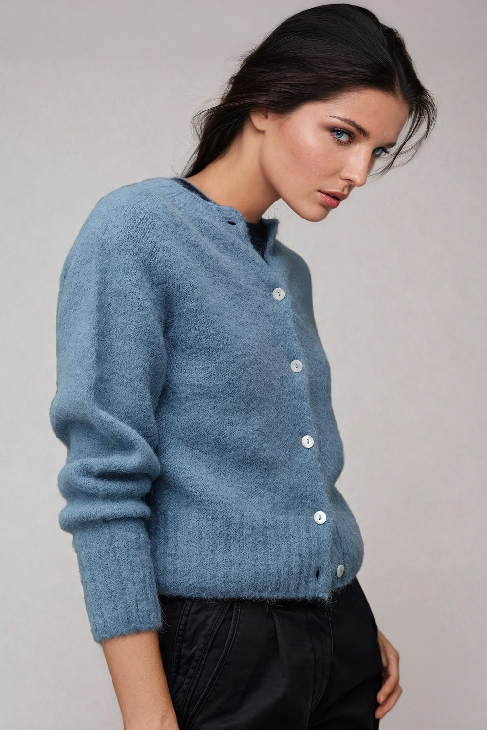 Button-Up Fuzzy Knit Cardigan with Crew Neckline - Blue