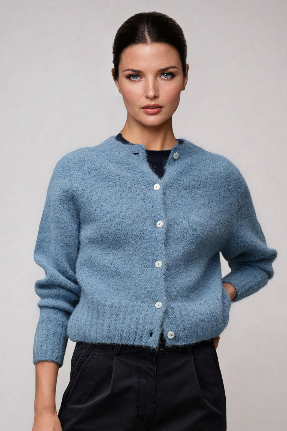 Button-Up Fuzzy Knit Cardigan with Crew Neckline - Blue