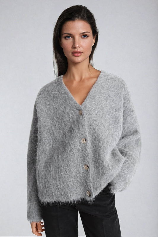 Button-Up Knitted Cardigan with V-Neckline - Gray