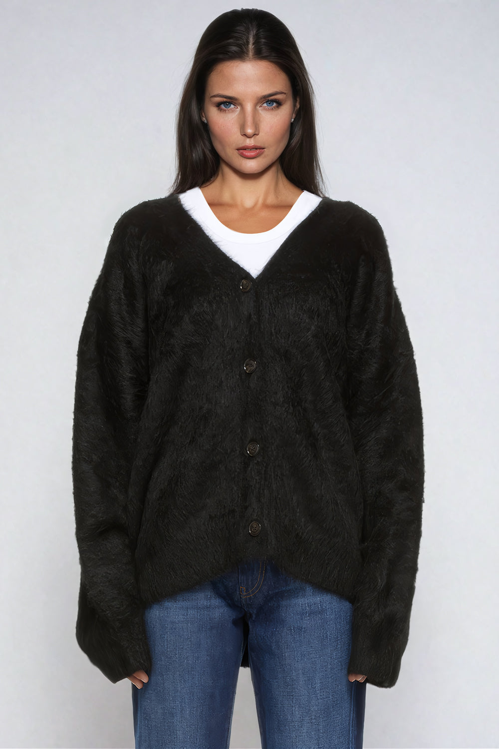 Button-Up Knitted Cardigan with V-Neckline - Black