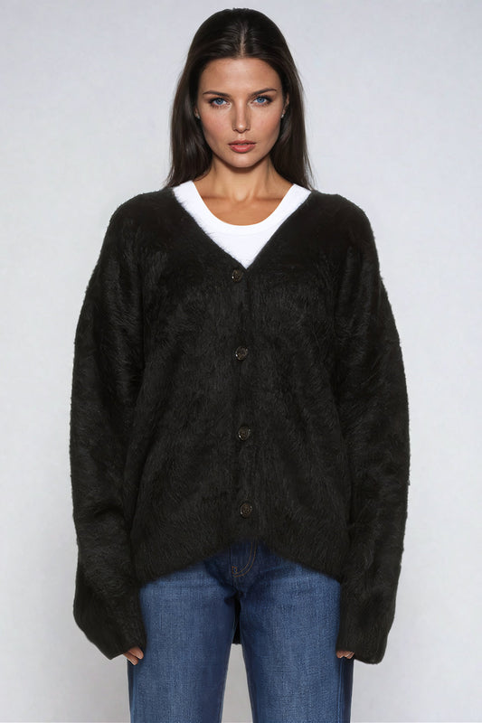 Button-Up Knitted Cardigan with V-Neckline - Black