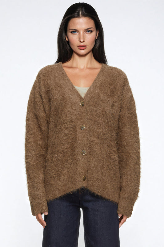 Button-Up Knitted Cardigan with V-Neckline - Brown